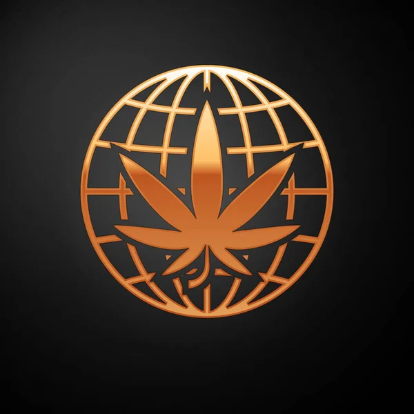 Arany Legalizálja marihuána vagy cannabis földgömb szimbólum ikon elszigetelt fekete alapon. Kenderszimbólum. Vektorillusztráció — Stock Vector