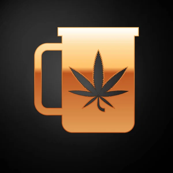 Gold Cup tea with marijuana or cannabis leaf icon isolated on black background. Marijuana legalization. Hemp symbol. Vector Illustration — Stock Vector
