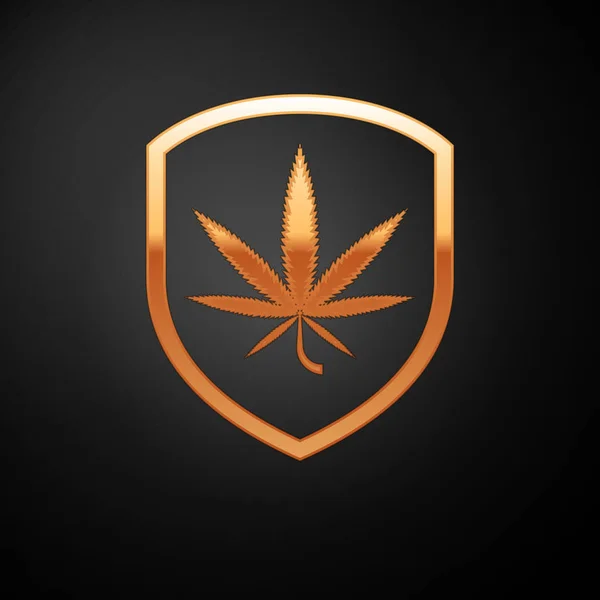 Escudo de oro y marihuana o icono de la hoja de cannabis aislado sobre fondo negro. Legalización de la marihuana. Un símbolo de cáñamo. Ilustración vectorial — Archivo Imágenes Vectoriales