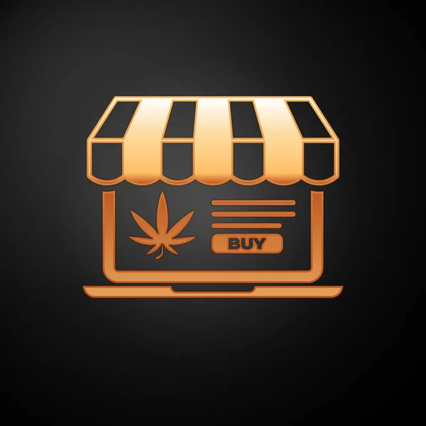 Gold Laptop e marijuana medica o icona di foglie di cannabis isolate su sfondo nero. Simbolo di acquisto online. Cesto del supermercato. Illustrazione vettoriale — Vettoriale Stock