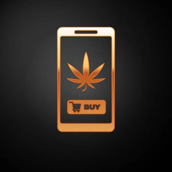 Gold Teléfono móvil y marihuana medicinal o icono de la hoja de cannabis aislado sobre fondo negro. Símbolo de compra online. Cesta del supermercado. Ilustración vectorial — Archivo Imágenes Vectoriales
