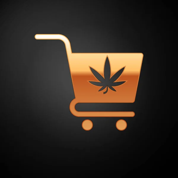 Gold Shopping cart with marijuana or cannabis leaf icon isolated on black background. Online buying. Delivery service. Supermarket basket. Vector Illustration — Stock Vector