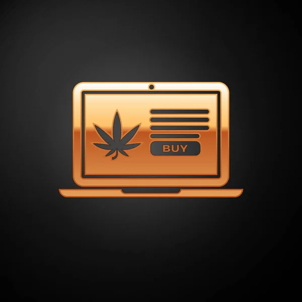 Gold Laptop y marihuana medicinal o icono de la hoja de cannabis aislado sobre fondo negro. Símbolo de compra online. Cesta del supermercado. Ilustración vectorial — Vector de stock
