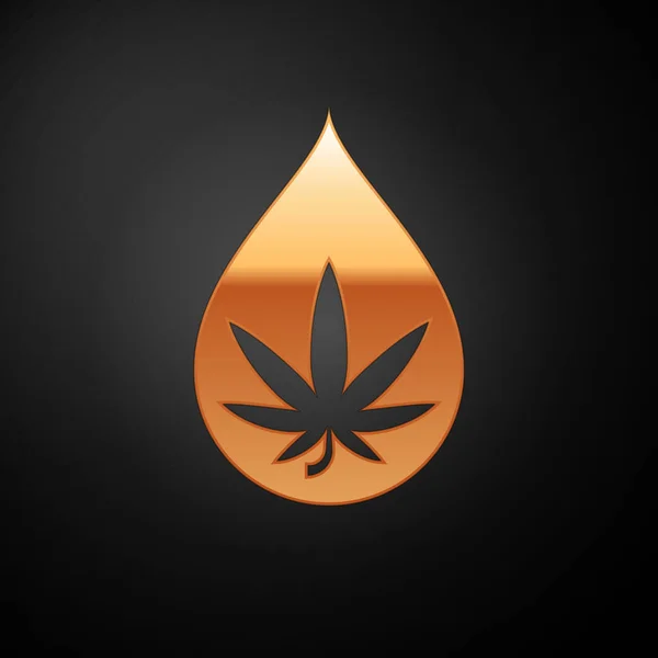 Gold Medicinale marihuana of cannabis blad olijfolie drop icoon geïsoleerd op zwarte achtergrond. Cannabisextract. Hennep symbool. Vector Illustratie — Stockvector