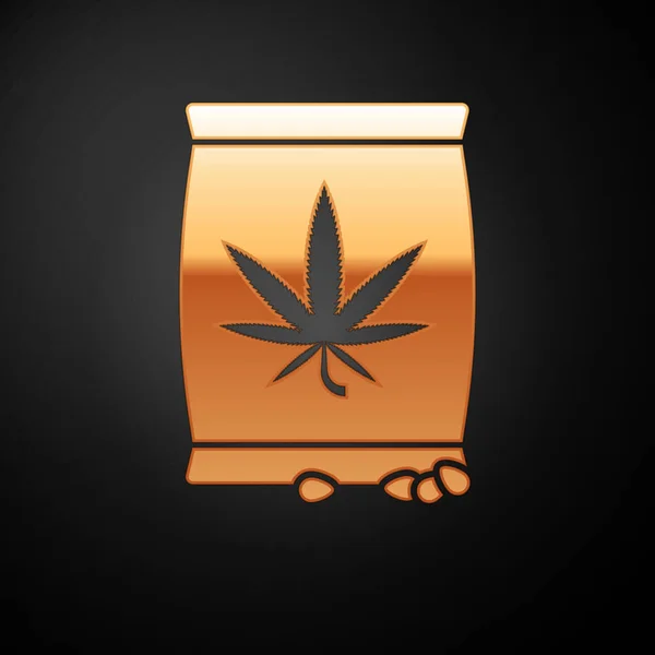 Oro Marijuana o semi di cannabis in una borsa icona isolata su sfondo nero. Simbolo di canapa. Il processo di piantare marijuana. Illustrazione vettoriale — Vettoriale Stock