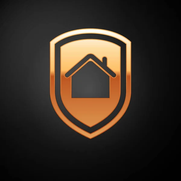Gold House siyah arka plan üzerinde izole koruma simgesi altında. Ev ve kalkan. Koruma, güvenlik, güvenlik, koruma, savunma konsepti. Vektör İllüstrasyonu — Stok Vektör