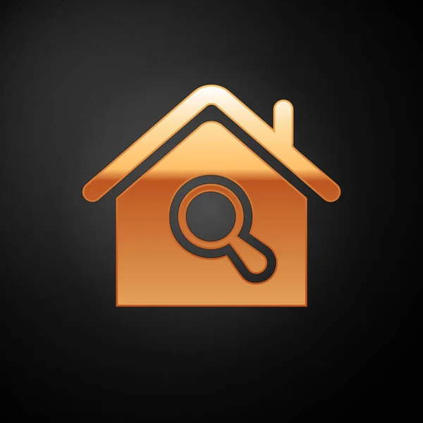 黄金搜索房子图标孤立在黑色背景。放大镜下房屋的房地产符号。矢量插图 — 图库矢量图片
