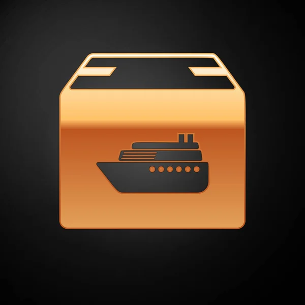 Siyah arka plan üzerinde izole kutuları teslimat hizmeti simgesi ile Altın Kargo gemi. Teslimat, nakliye. Koliler, kutular, mallar olan şilep. Vektör İllüstrasyonu — Stok Vektör
