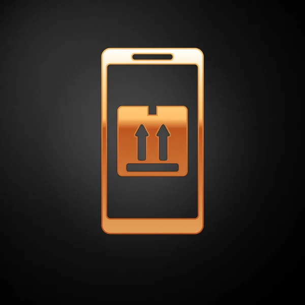 Золото мобільного смарт-телефону з додатком відстеження поставок значок ізольований на чорному фоні. Відстеження посилок. Векторна ілюстрація — стоковий вектор