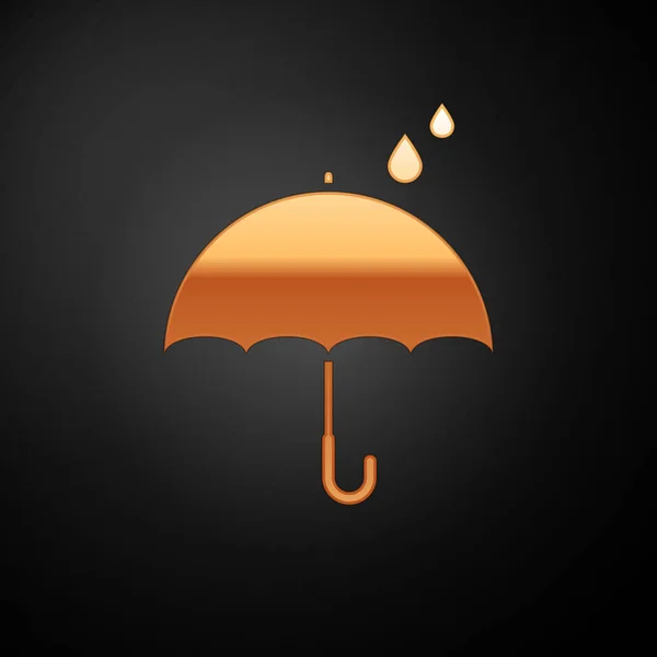 Gold Umbrella and rain drops icon isolated on black background. Waterproof icon. Protection, safety, security concept. Water resistant symbol. Vector Illustration — Stock Vector