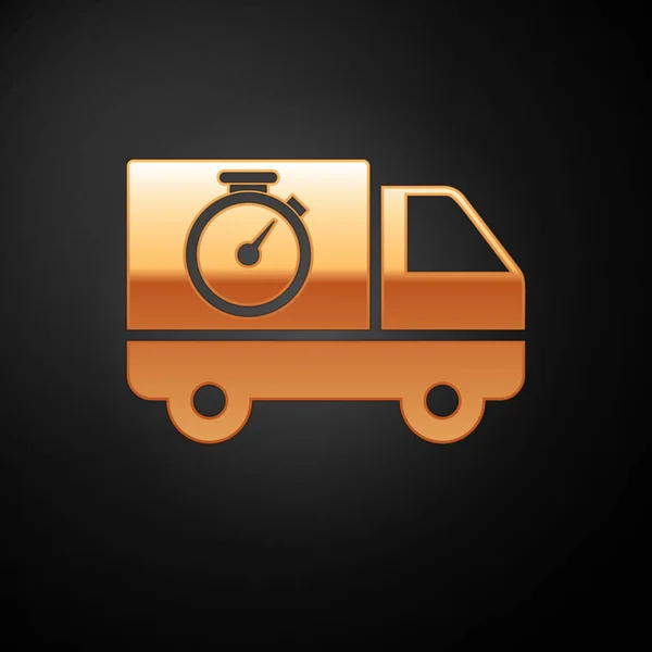 Altın Lojistik teslimat kamyonu ve kronometre simgesi siyah arka plan üzerinde izole. Teslim süresi simgesi. Vektör İllüstrasyonu — Stok Vektör