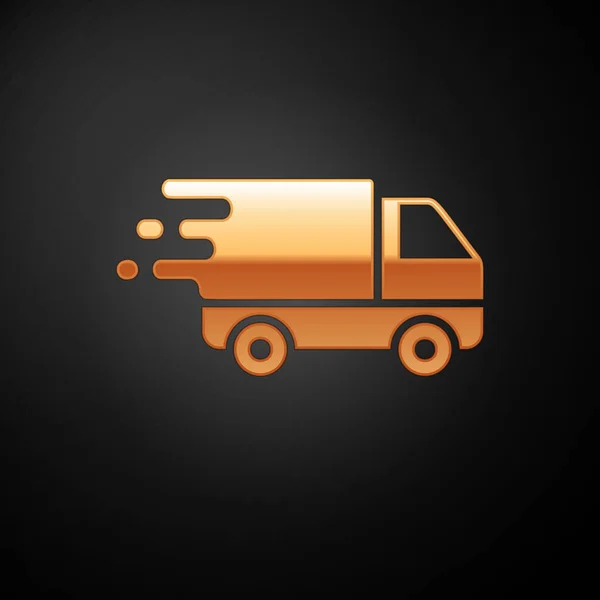 Ciężarówka dostawa złota w ikonie ruchu izolowane na czarnym tle. Szybka dostawa ciężarówka dostawy. Ilustracja wektorowa — Wektor stockowy
