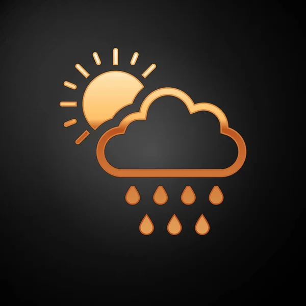 Nube de oro con la lluvia y el sol icono aislado sobre fondo negro. precipitación de nubes de lluvia con gotas de lluvia. Ilustración vectorial — Archivo Imágenes Vectoriales