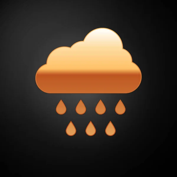 Nube dorada con icono de lluvia aislado sobre fondo negro. precipitación de nubes de lluvia con gotas de lluvia. Ilustración vectorial — Archivo Imágenes Vectoriales