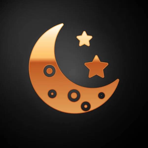 Icono Luna dorada y estrellas aislado sobre fondo negro. Ilustración vectorial — Archivo Imágenes Vectoriales