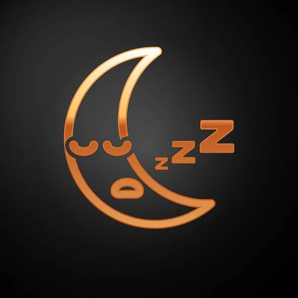 Zlatá měsíční ikona izolovaná na černém pozadí. Zamračené noční znamení. Spánek, symbol snů. Čas v noci nebo v posteli. Vektorová ilustrace — Stockový vektor