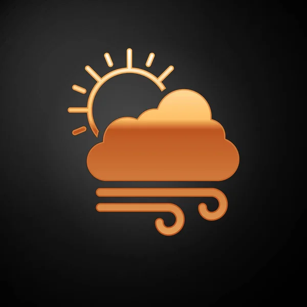 金色大风天气图标孤立在黑色背景。云与太阳和风。矢量插图 — 图库矢量图片