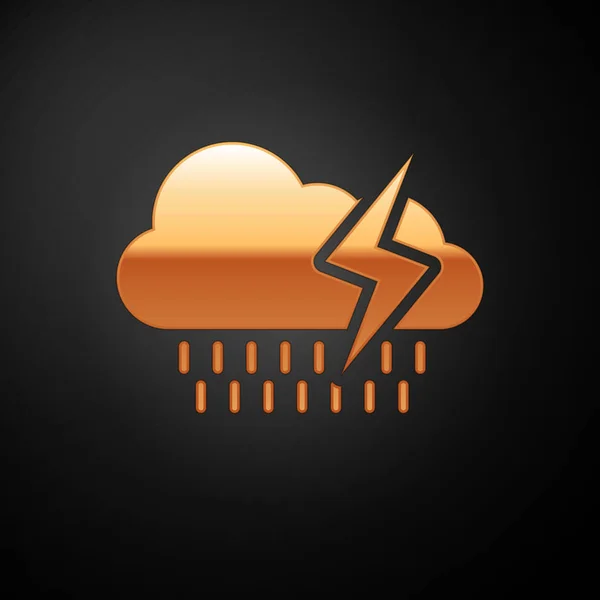 Χρυσό σύννεφο με βροχή και αστραπή εικονίδιο απομονώνεται σε μαύρο φόντο. Βροχή σύννεφο βροχής με σταγόνες βροχής. Το εικονίδιο του καιρού της καταιγίδας. Απεικόνιση διανυσματικών φορέων — Διανυσματικό Αρχείο