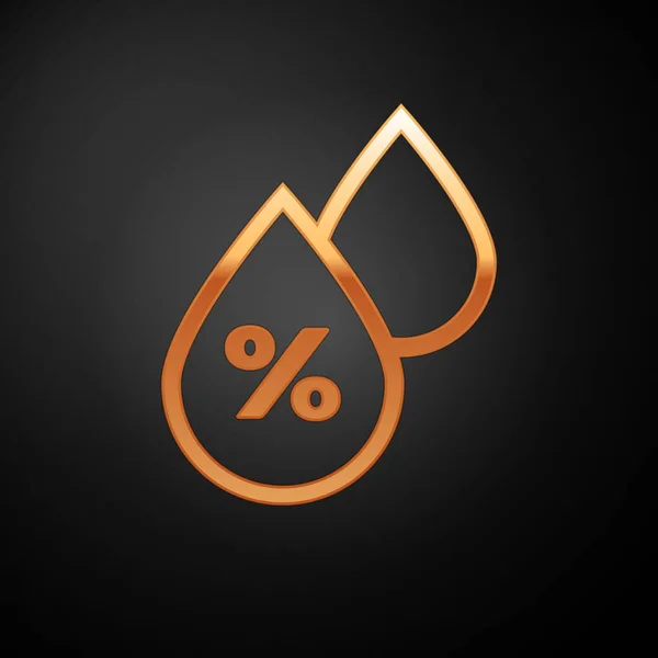 Gold-Wassertropfen Prozentsatz Symbol isoliert auf schwarzem Hintergrund. Feuchtigkeitsanalyse. Vektorillustration — Stockvektor