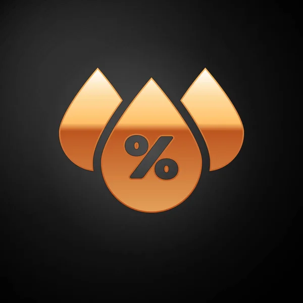 Ícone de porcentagem de gota de água de ouro isolado no fundo preto. Análise da humidade. Ilustração vetorial — Vetor de Stock