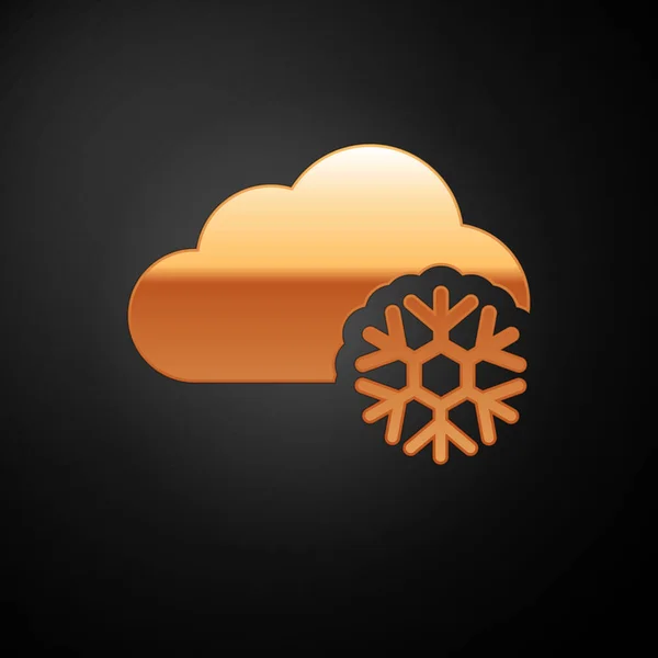 Nuvola d'oro con icona di neve isolata su sfondo nero. Nuvola con fiocchi di neve. Icona del tempo singolo. Segno di neve. Illustrazione vettoriale — Vettoriale Stock