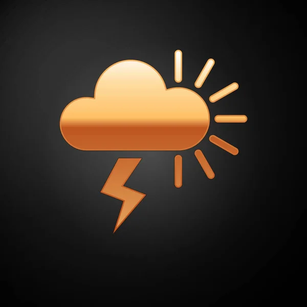 Ícone de tempestade de ouro isolado no fundo preto. Nublado com um raio e um sinal de sol. Ícone meteorológico da tempestade. Ilustração vetorial — Vetor de Stock