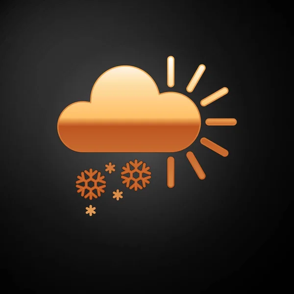 Nuageux or avec icône de neige isolée sur fond noir. Nuage avec flocons de neige. Icône météo unique. Signe de neige. Illustration vectorielle — Image vectorielle