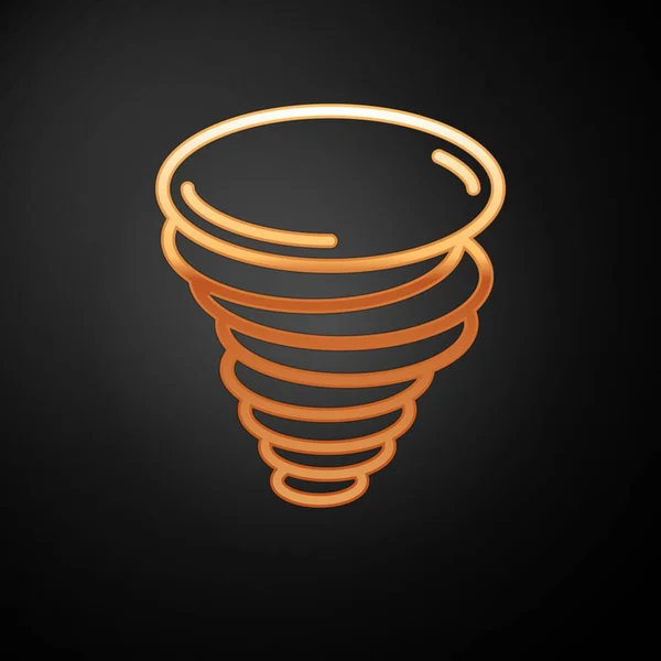 Gold Tornado icon isolated on black background. Cyclone, whirlwind, storm funnel, hurricane wind or twister weather icon. Vector Illustration — Stock Vector