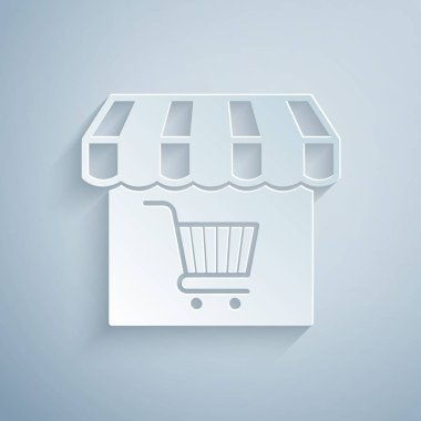 Kağıt kesim Alışveriş binası veya alışveriş sepeti simgesi gri arka plan üzerinde izole ile market mağazası. Dükkan inşaatı. Süpermarket sepeti sembolü. Kağıt sanat tarzı. Vektör İllüstrasyonu