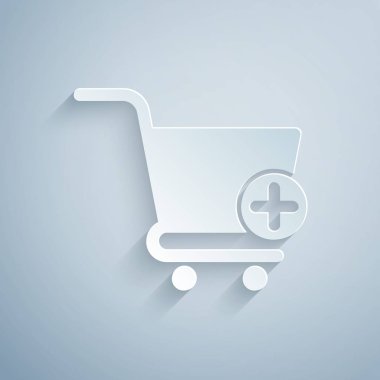 Kağıt kesme Gri arka planda yalıtılmış Alışveriş sepeti simgesine ekle. Online satın alma konsepti. Teslimat hizmeti işareti. Süpermarket sepeti sembolü. Kağıt sanat tarzı. Vektör İllüstrasyonu