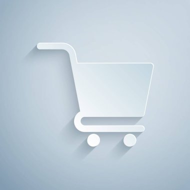 Kağıt kesiği, gri arka planda izole edilmiş alışveriş arabası simgesi. İnternetten satın alma konsepti. Servis tabelası. Süpermarket sepeti sembolü. Kağıt sanatı tarzı. Vektör İllüstrasyonu