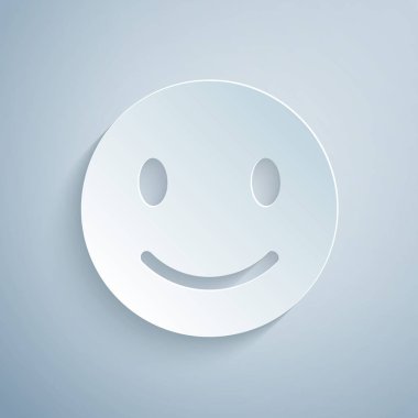 Kağıt kesim Smile yüz simgesi gri arka plan üzerinde izole. Gülümseyen ifade. Mutlu gülen sohbet sembolü. Kağıt sanat tarzı. Vektör İllüstrasyonu