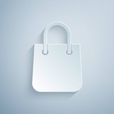 Kağıt kesim Alışveriş çantası simgesi gri arka plan üzerinde izole. Paket işareti. Kağıt sanat tarzı. Vektör İllüstrasyonu