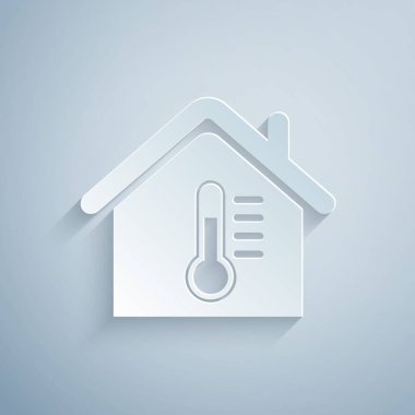Kağıt kesilmiş House sıcaklık simgesi gri arka plan üzerinde izole. Termometre simgesi. Kağıt sanat tarzı. Vektör İllüstrasyonu