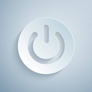 Kağıt kesme Güç düğmesi simgesi gri arka planda yalıtılmış. İşareti başlat. Kağıt sanat tarzı. Vektör İllüstrasyonu