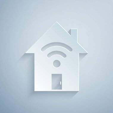 Kağıt gri arka plan üzerinde izole wi-fi simgesi ile Akıllı ev kesti. Uzaktan kumanda. Kağıt sanat tarzı. Vektör İllüstrasyonu