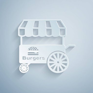 Kağıt gri arka plan üzerinde izole tente simgesi ile Fast street gıda sepeti kesti. Burger veya hamburger simgesi. Şehir köşkü. Kağıt sanat tarzı. Vektör İllüstrasyonu