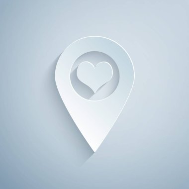 Kağıt kesme Harita işaretçisi ve gri arka planda izole edilmiş kalp simgesi. Kağıt sanat tarzı. Vektör İllüstrasyonu