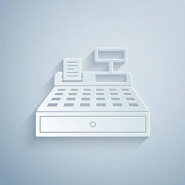 Řez papíru Bankomat s kontrolní ikonou izolovanou na šedém pozadí. Pokladní značka. Symbol pokladny. Papírový styl. Vektorová ilustrace — Stockový vektor