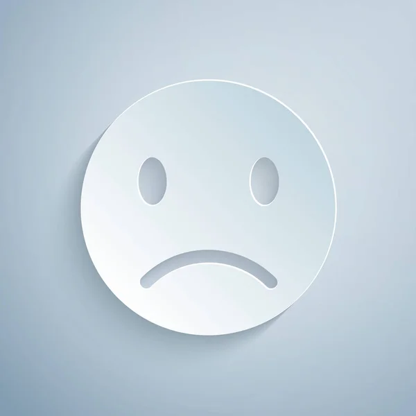 Paper cut Sad smile icon isolated on grey background. Emoticon face. Paper art style. Vector Illustration — Stock Vector