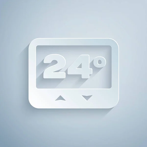 Corte de papel Icono de termostato aislado sobre fondo gris. Control de temperatura. Estilo de arte de papel. Ilustración vectorial — Vector de stock