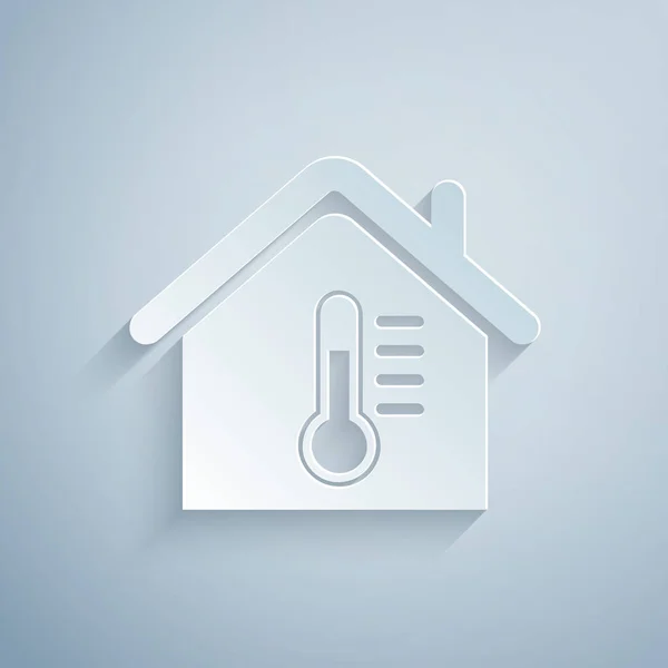 Corte de papel Icono de temperatura de la casa aislado sobre fondo gris. Icono del termómetro. Estilo de arte de papel. Ilustración vectorial — Vector de stock