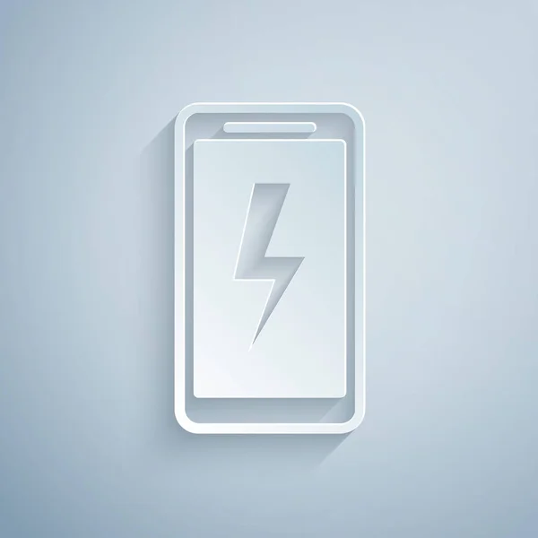 Corte de papel Smartphone carga icono de la batería aislado sobre fondo gris. Teléfono con una carga de batería baja. Estilo de arte de papel. Ilustración vectorial — Archivo Imágenes Vectoriales