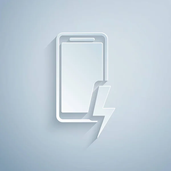 Corte de papel Smartphone carga icono de la batería aislado sobre fondo gris. Teléfono con una carga de batería baja. Estilo de arte de papel. Ilustración vectorial — Vector de stock