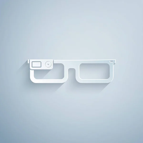 Papiergeschnittene Smart-Brille auf Brillensymbol auf grauem Hintergrund montiert. Tragbare Elektronik-Smart-Brille mit Kamera und Display. Papierkunst. Vektorillustration — Stockvektor