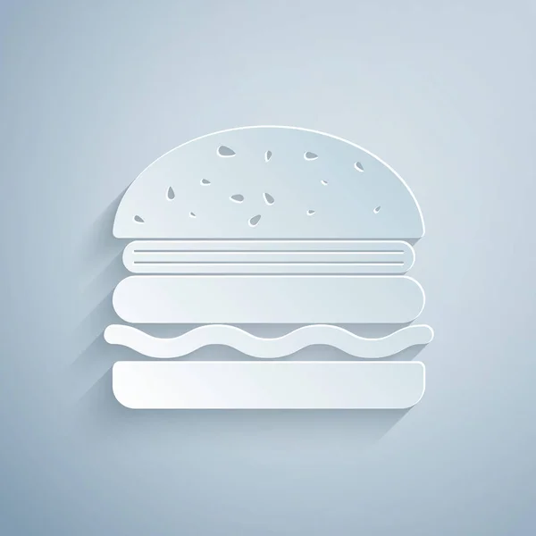 Wycinanie papieru ikona Burger izolowane na szarym tle. Ikona Hamburger. Cheeseburger znak kanapkę. Styl Artystyczny papieru. Ilustracja wektorowa — Wektor stockowy