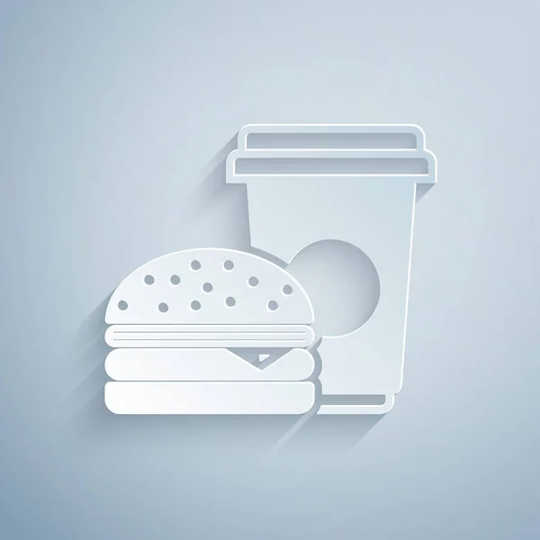 Papper skär kaffe och Burger Icon isolerad på grå bakgrund. Snabb mat symbol. Papperskonst stil. Vektor illustration — Stock vektor