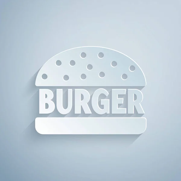 Burger-Ikone aus Papier isoliert auf grauem Hintergrund. Hamburger Ikone. Cheeseburger Sandwich-Schild. Papierkunst. Vektorillustration — Stockvektor