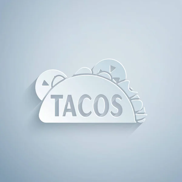 Papel cortado Taco com ícone de tortilla isolado em fundo cinza. Comida tradicional mexicana. Estilo de arte de papel. Ilustração vetorial —  Vetores de Stock