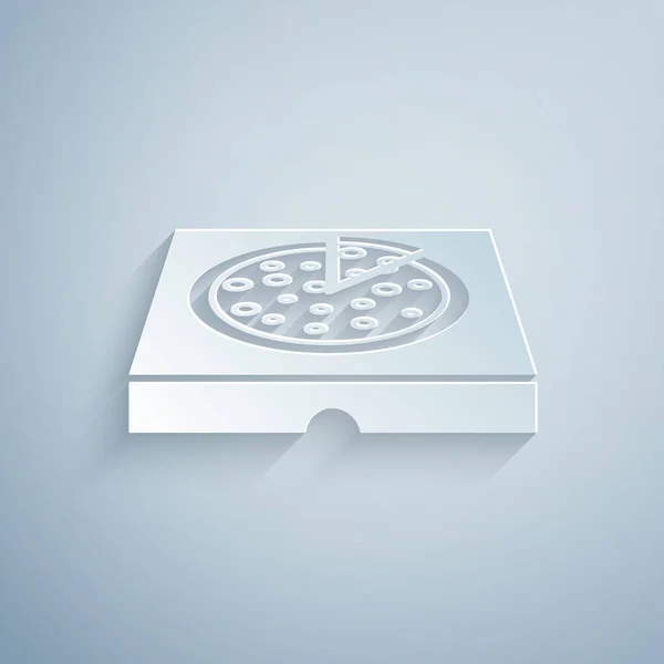 Papel cortado Pizza em caixa de papelão ícone isolado em fundo cinza. Caixa com elementos de layout. Estilo de arte de papel. Ilustração vetorial — Vetor de Stock